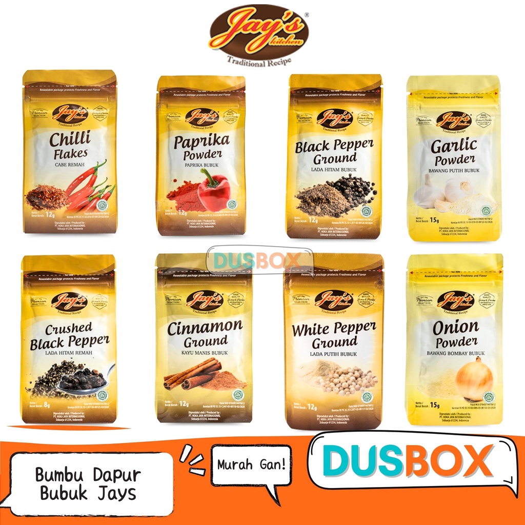 

Bumbu Dapur Bubuk Jay's / Bawang Putih Bubuk/ Lada Bubuk / Bumbu Dapur Pouch / Bumbu Dapur Bubuk Kemasan / Cabai Bubuk / Paprika Bubuk