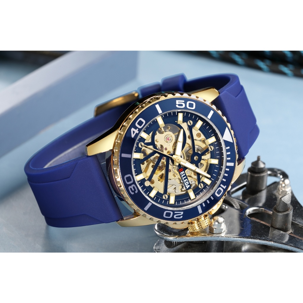 Jam Tangan Pria Belleda 9485 Automatic Luxury Anti Air 3Atm Strap Rubber Multifungsi
