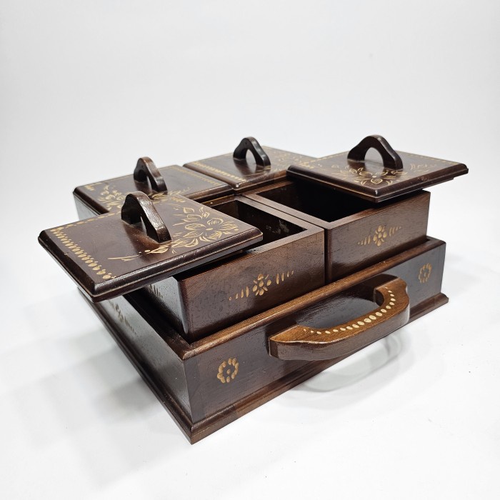 Toples Unik Kayu Jati 1 Set Bentuk Kotak Ukir Cukit Wadah Serbaguna