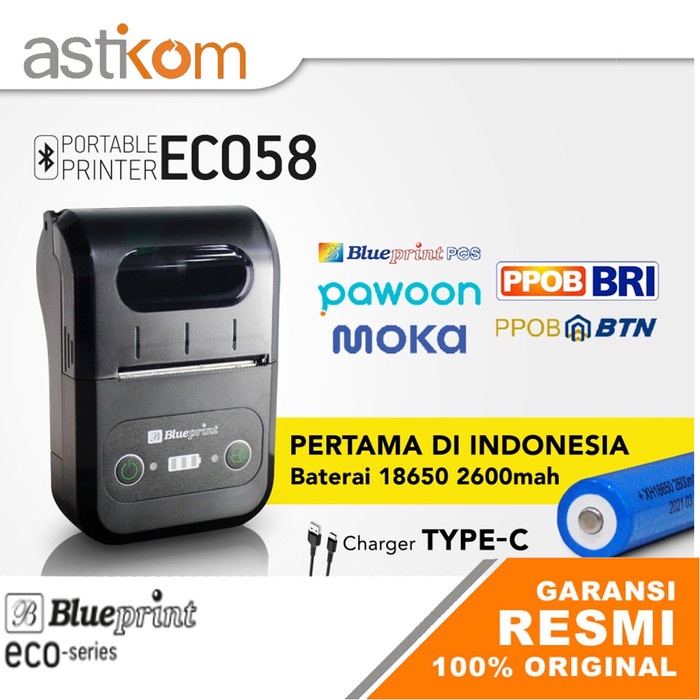 Portable Printer receipt Thermal Bluetooth BLUEPRINT ECO58 Baterai