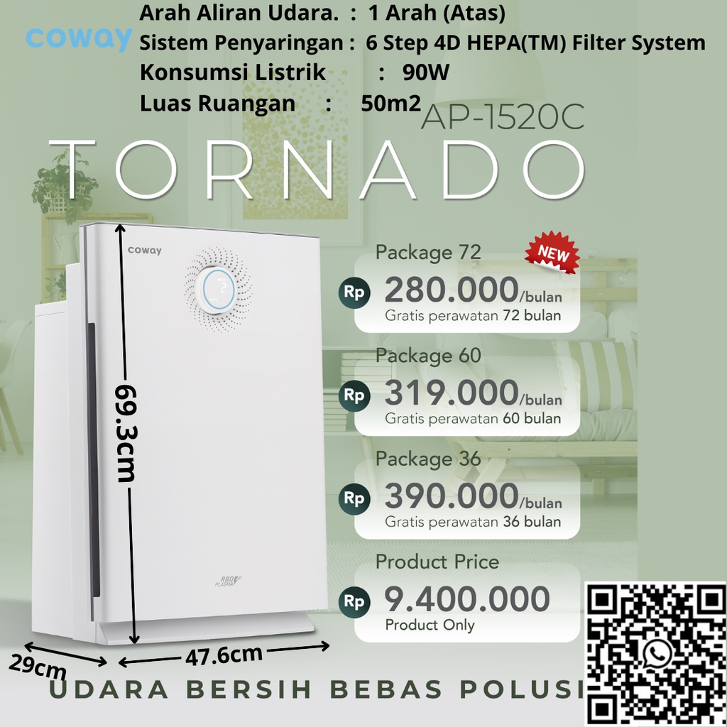 Coway Air purifier Tornado (Ap-1520C)  CICILAN 36 BULAN ATAU 60 BULAN, GARANSI 3 ATAU  5 TAHUN