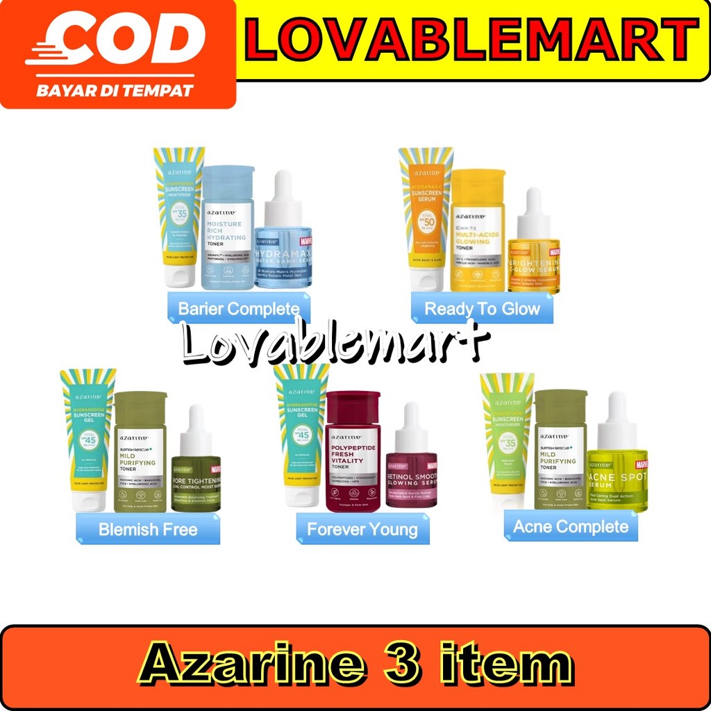 Lovablemart Azarine Basic Skincare Kit (Sunscreen + Toner + Serum) [3PCS] Paket TRIAL KIT KULIT KOMB