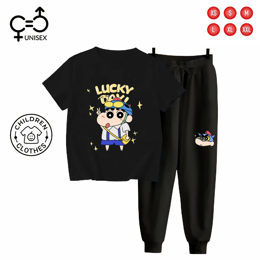 GC - SETELAN Anak Unisex KAOS + JOGGER Hitam - SHINCHAN LUCKY DAY