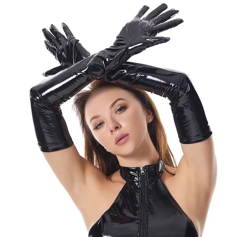 Sexy Women Shiny Long Gloves Imitation Leather Latex Cosplay Clothing Pole Dancing Night Club Gloves