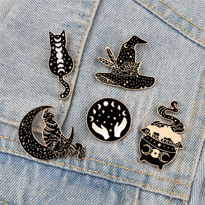 Witches Punk Black Enamel Pins Magical Hat Furnace Moon Cat Brooch Backpack Denim Lapel Pin Badge Da