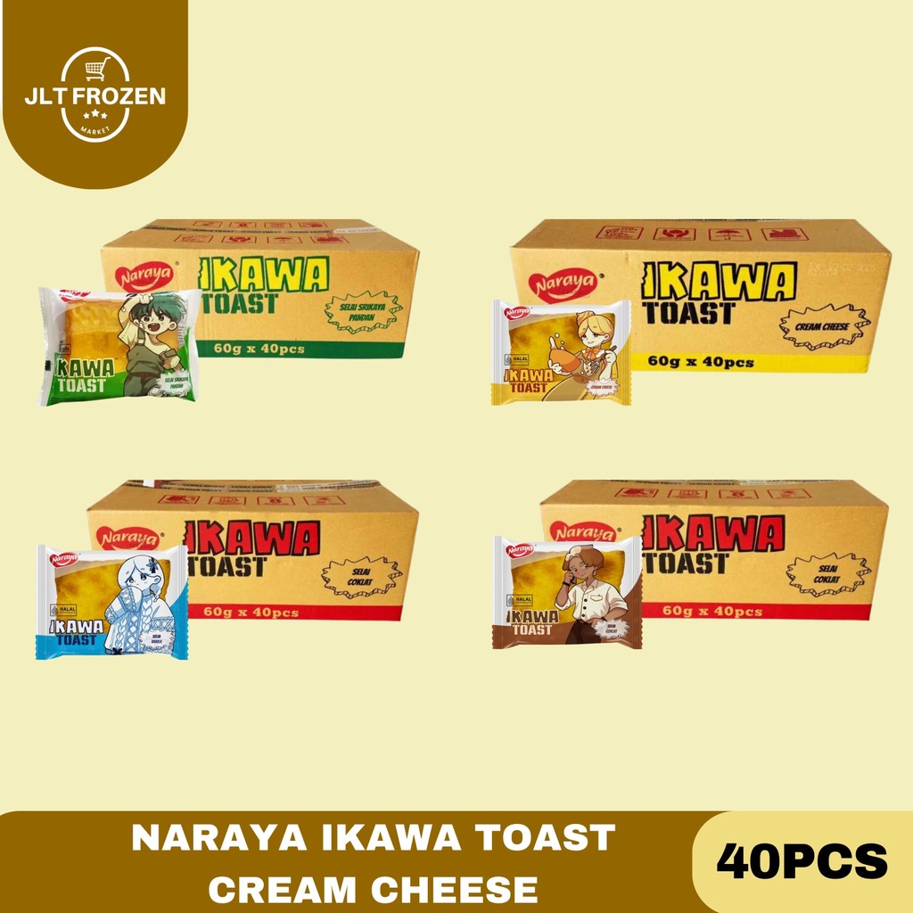 

Naraya Ikawa Toast / Roti Panggang Cream Cheese / Selai Vanila / Selai Coklat / Selai Srikaya Pandan 60G 1 Carton / 40 PCS