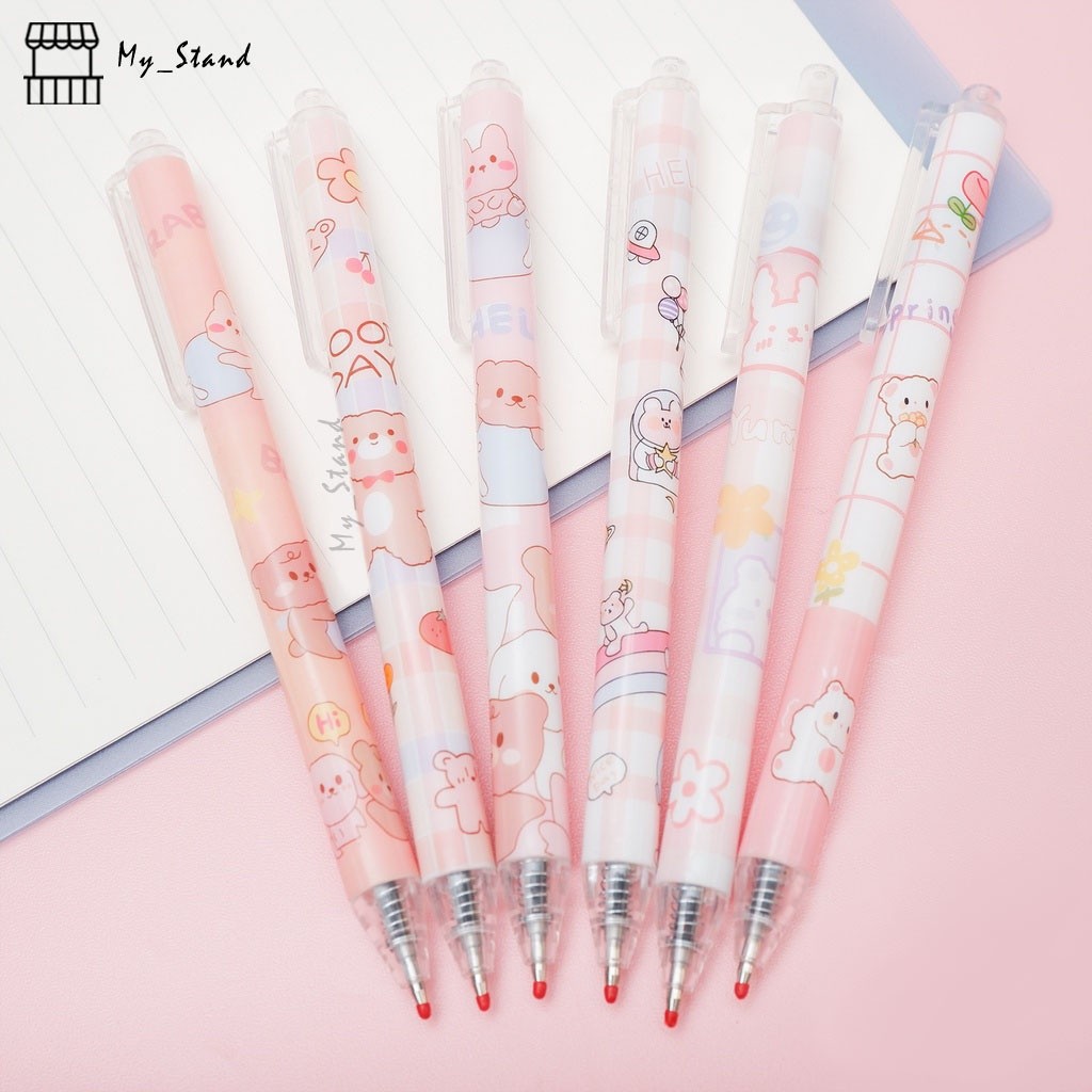 

Pena Mekanik Kotak-kotak Pastel Bear Beruang Pulpen Cetek Tinta Hitam Pen Bolpen Mekanik lucu