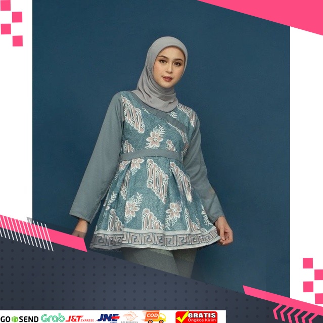 MOTIF BATIK BATU TERMURAH TERPOPULER /Undurjoyo - Blouse Kembang Seno Atasan Batik Wanita Kantor blu