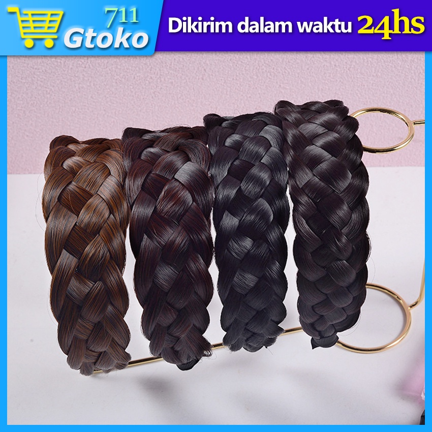 Bando Kepang Rambut Palsu Korea Wanita Bando Bandana Wig Tebal Lebar Lebar
