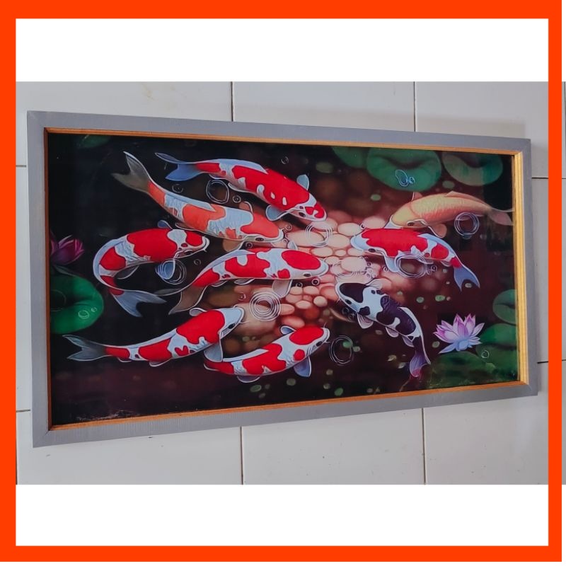 hiasan dinding lukisan cetak ikan koi plus bingkai ukuran 105x55
