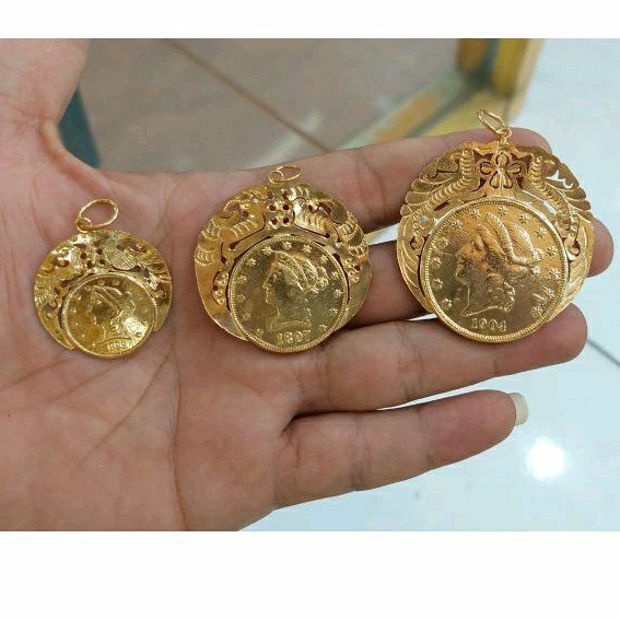 liontin koin liberti ringgit rupiah suku  tempahan tukang lapis emas 24k 100% mirip asli