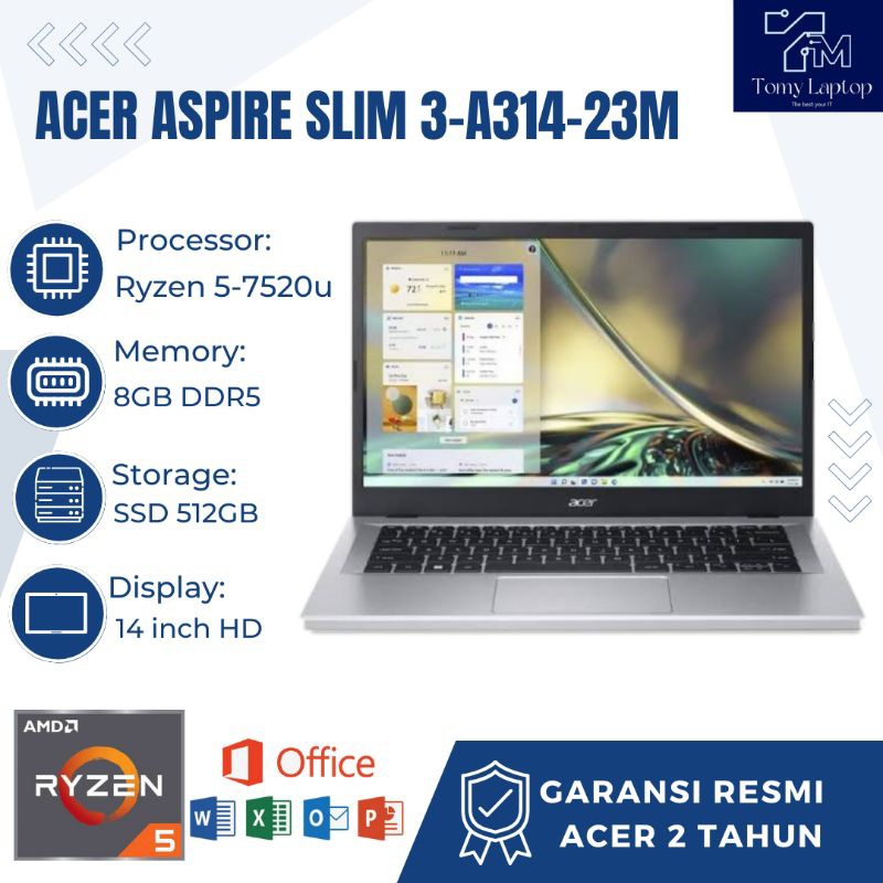 LAPTOP BARU ACER ASPIRE SLIM 3 A314-23M/RYZEN 5/RAM 8GB/SSD 512GB