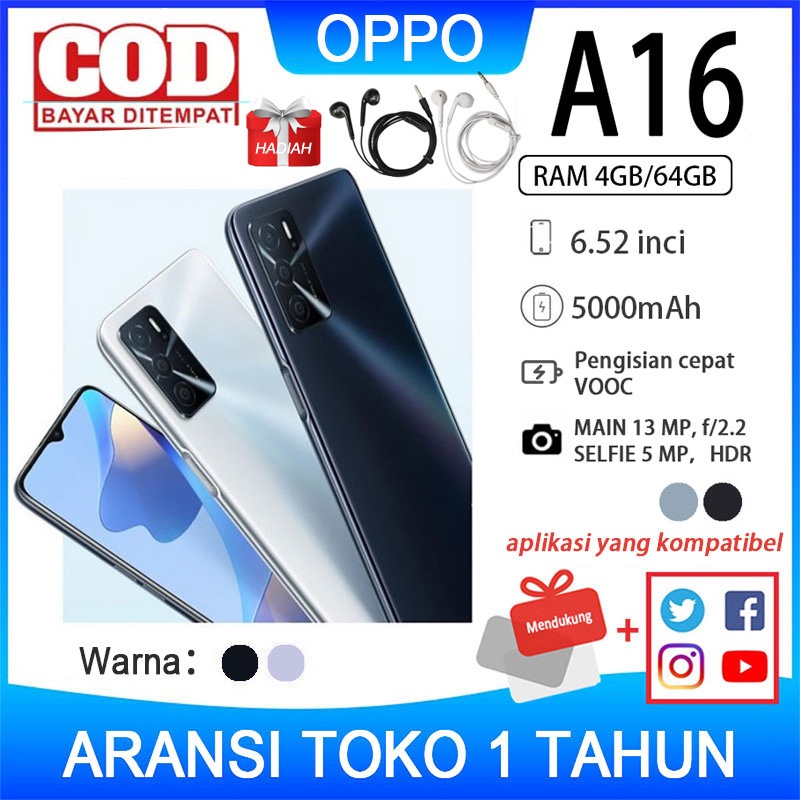 OPPO A16 RAM 6/128G ARANSI TOKO 2 TAHUN [5000mAh,13MP Triple Camera, HD+ Eye-care Display]