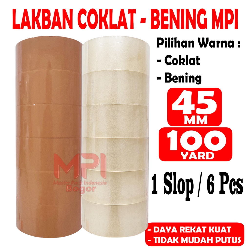 

1 SLOP ( 6 ROLL ) - Lakban Bening - Lakban Coklat MPI 45 mm x 100 yard BC - Lakban Untuk Packing - Master Pack Indonesia