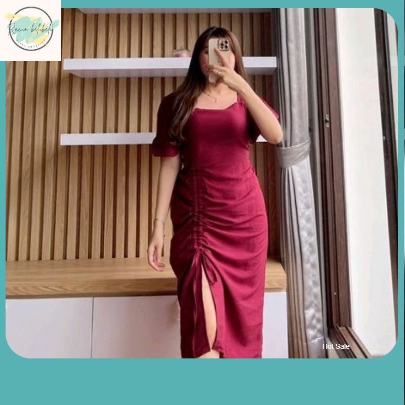 Dress Terkini Wanita / DRESS WANITA KOREAN STYLE/TERUSAN DRESS SERUT BELAH SAMPING HITAM MARON/ MIDI