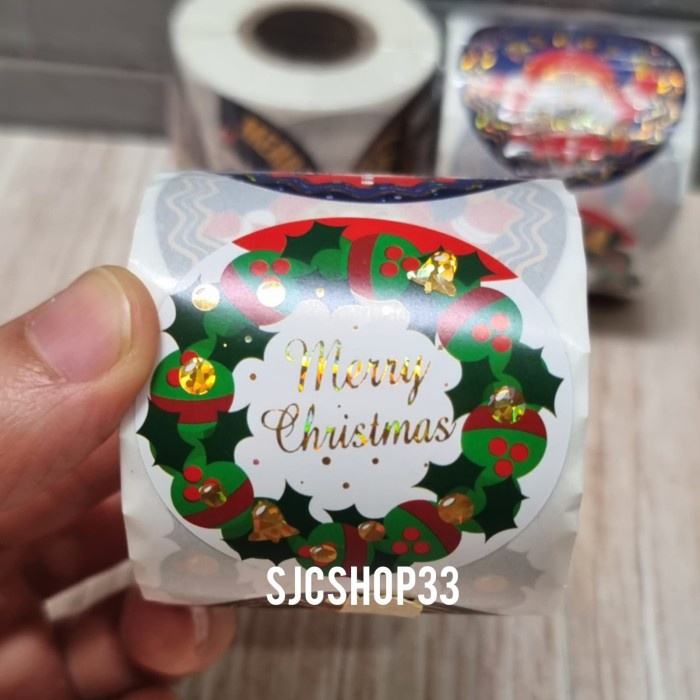 

sticker label christmas gold ukuran 5cm isi 300 pcs/ natal mix glossy