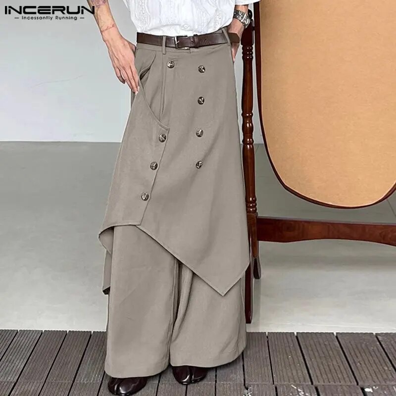 INCERUN 2023 Men Irregular Pants Button Joggers Streetwear Solid Color Trousers Men Vintage Loose Ca
