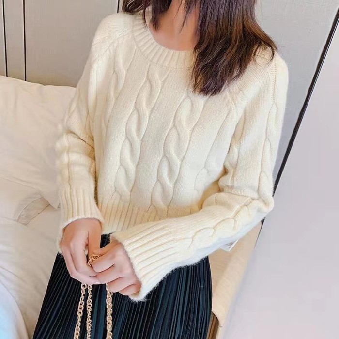 Sweater Rajut Oversize Lengan Panjang Sweater Crop Wanita Polos - Putih