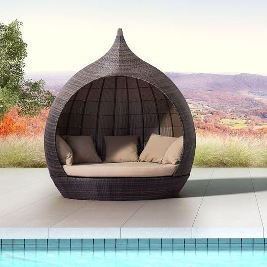 Sofa rotan santai taman, daybed rotan sintetis custom, sofa bed rotan