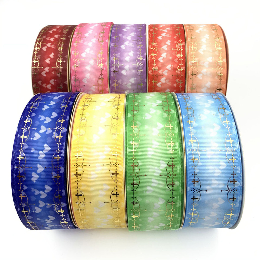 

50yards 38MM Gold Foil Crucifix Gradient Heart Grosgrain Ribbon DIY Gift Box Bouquet Packing Welcome Custom Printed