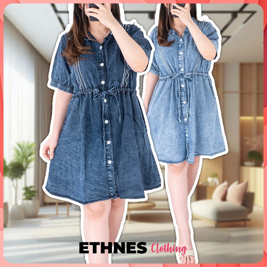 ETHNES Clothing • 30059 Dress Jeans Kombinasi Bordir Scallop Cantik Casual Ikat Pinggang IMPORT baha