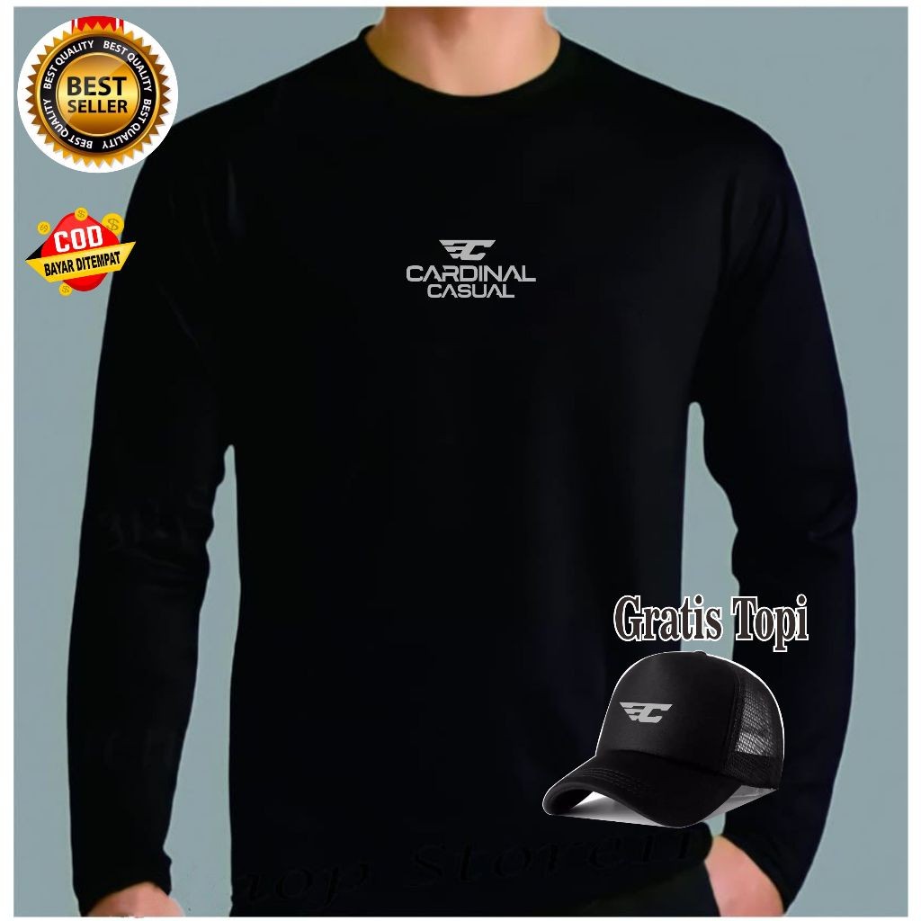 Kaos Pria Cardinal DT Abu ( Bonus Topi ) Lengan Panjang Bahan Adem tebal dan Lembut / Kaos lengan pa