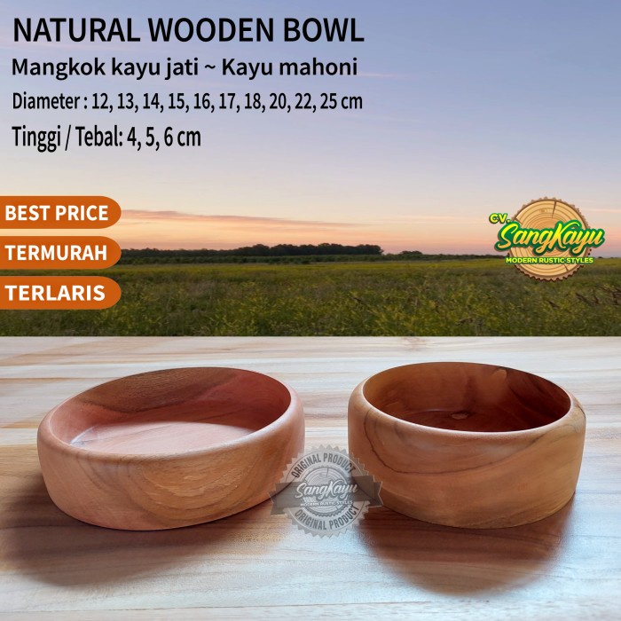 Mangkok kayu besar kecil mangkok kayu jati cangkir kayu mangkok mie - 12 cm, Mahoni / 4 cm