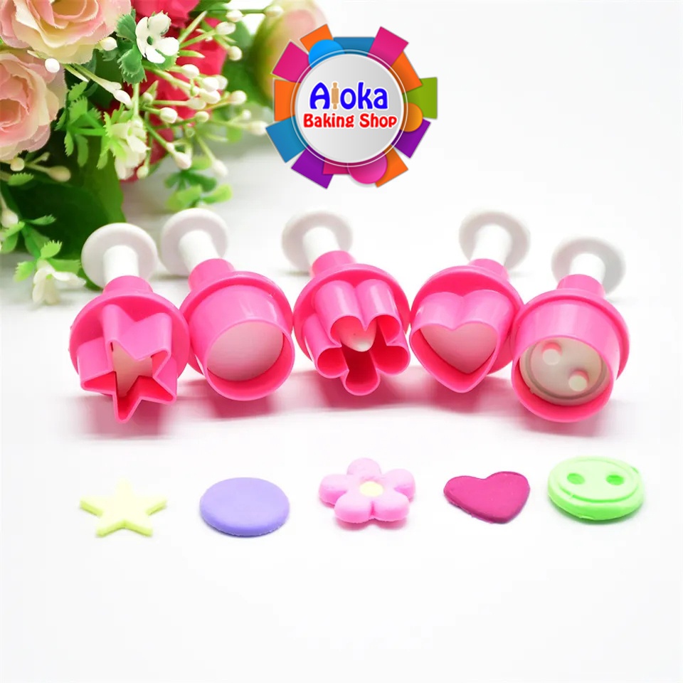 5Pcs Pemotong Kue Bentuk Bunga Plum Bintang hati Mini 3D Cetakan Biskuit Plastik Stempel Kue Cetakan