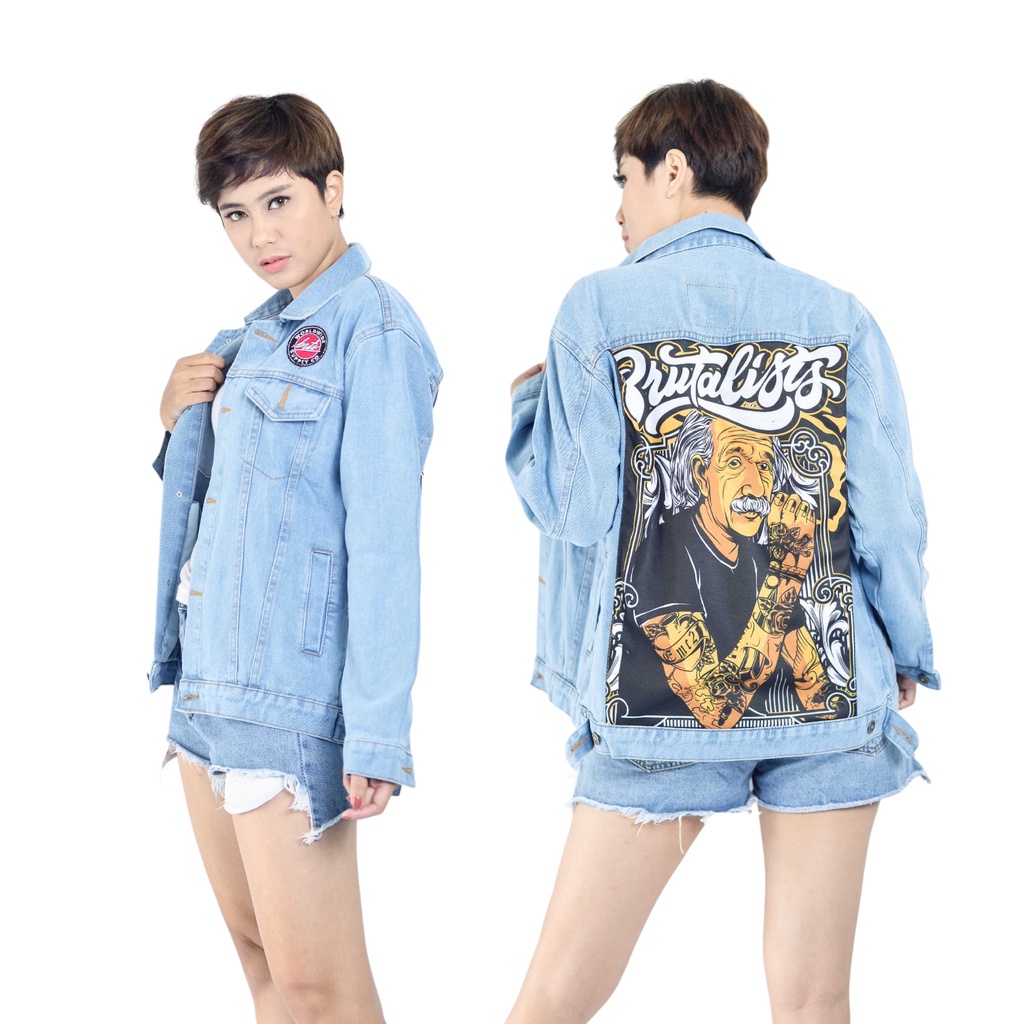 Jaket Jeans Pria Denim Jacket Full Printing Motif Einstein