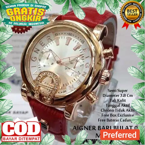 COD - JAM TANGAN BRANDED WANITA AIGNER MEWAH MODEL BULAT TALI KULIT TANGGAL AKTIF// TERLARIS TERBARU