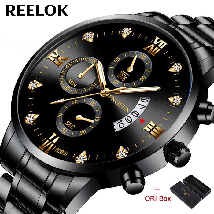 FNGEEN 5080 Jam Tangan Pria Luxury Stainless Steel Quartz Original Anti Air Watch + Kotak Gratis