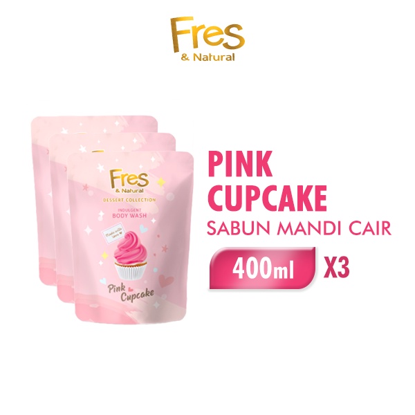 Fres & Natural Sabun Mandi Cair Pink Cupcake Pouch 400 ml x3