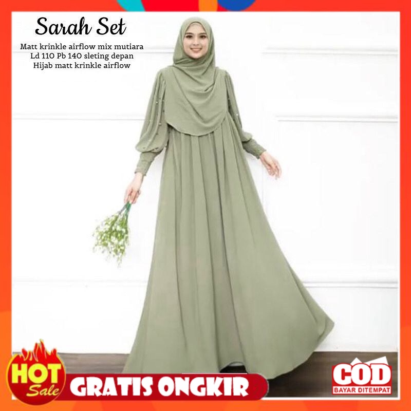 KAIN ADEM HALUS TEBAL / Sarah Set + Phasmina Gamis Muslimah Wanita Bahan Crinkle Airflow Mix Payet F