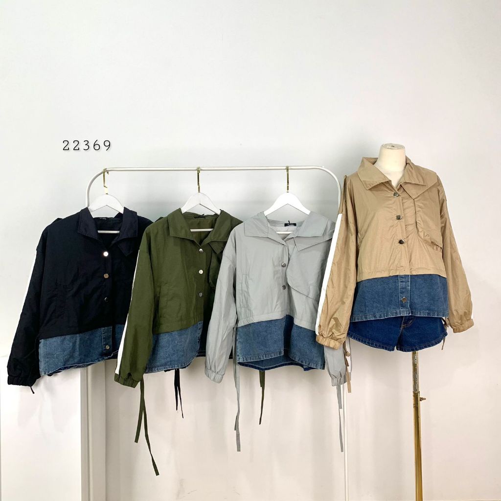 OUTER JAKET PARASUT MIX JEANS  VARIASI PINGGANG SERUT KERAH FULL KANCING KLETEK LIST LINE PUTIH TANG
