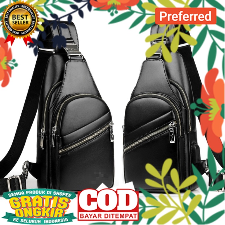 Tas selempang pria kulit distro keren anti air original dan murah free dompet, jam LED atau headset,