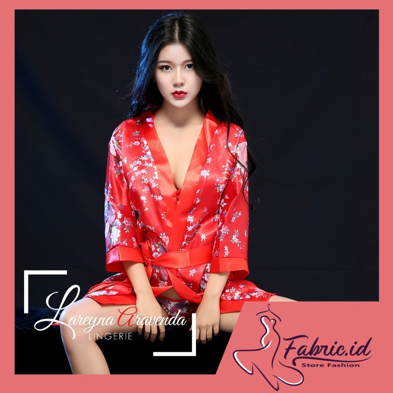 Pakaian Sexy Set Lingerie + G String + Bra Bahan Satin Jepang Model Kimono Sakura