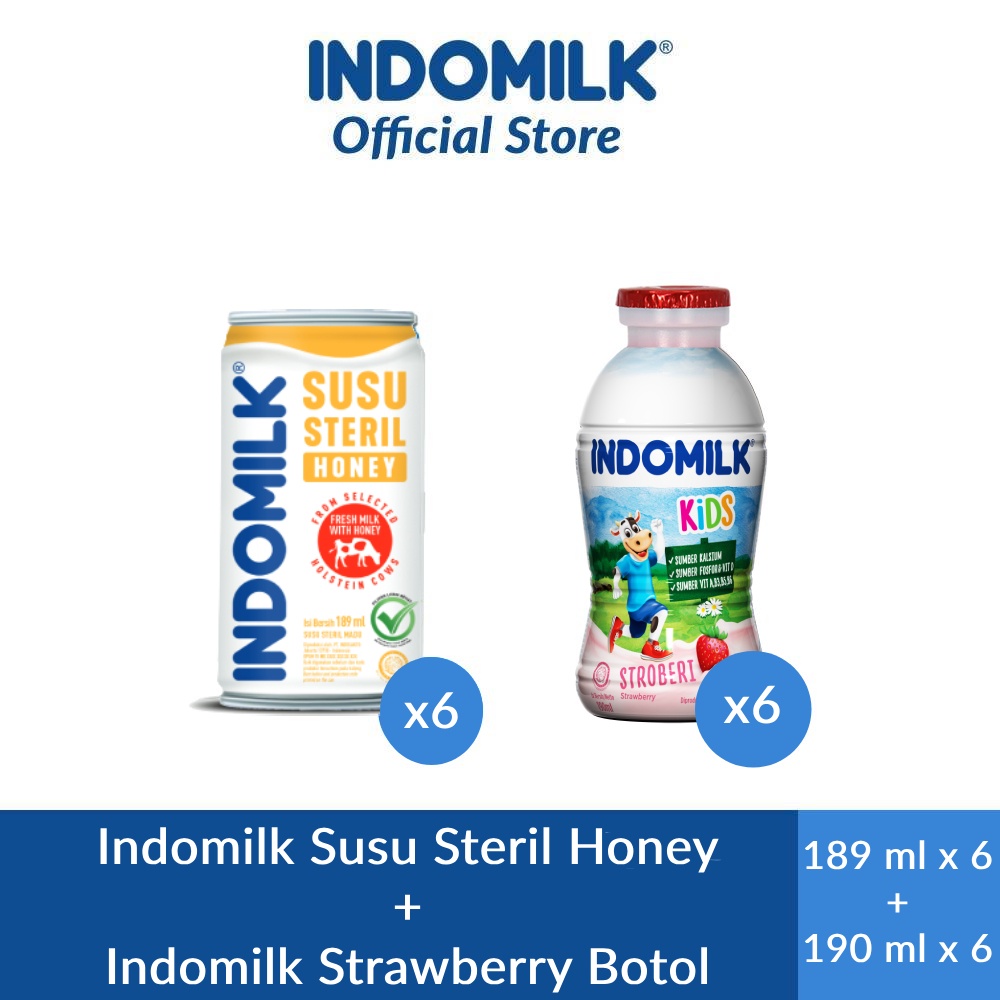

Indomilk Susu Steril Honey 189 ml x 6 + Indomilk Strawberry Botol 190 ml x 6