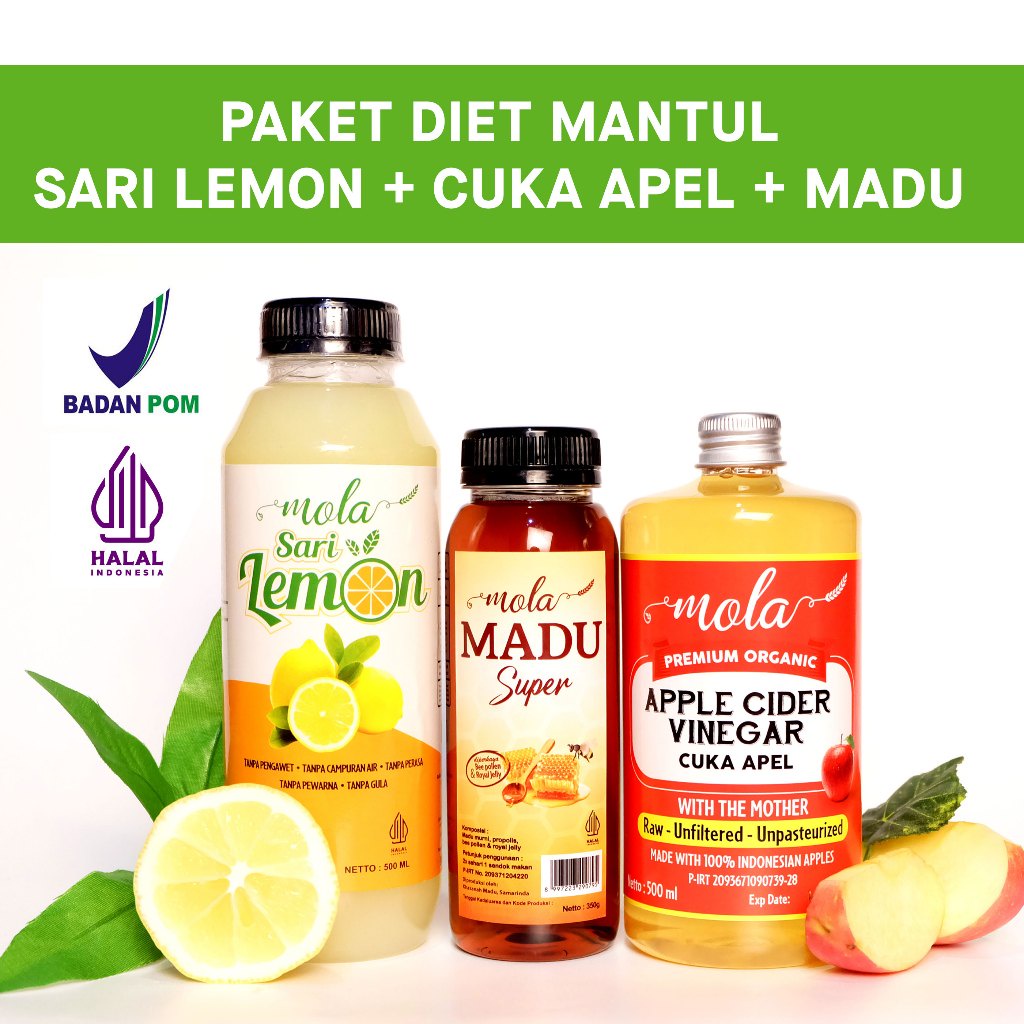 

Paket Diet Mantul Mola Cuka Apel Cider Venegar + Sari Lemon + Madu Murni