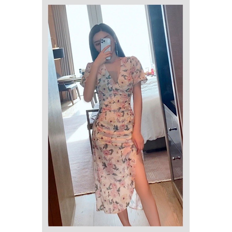 D0339 MERCY KOREAN STYLE FLORAL VINTAGE MIDI DRESS SEXY BUTTON VNECK