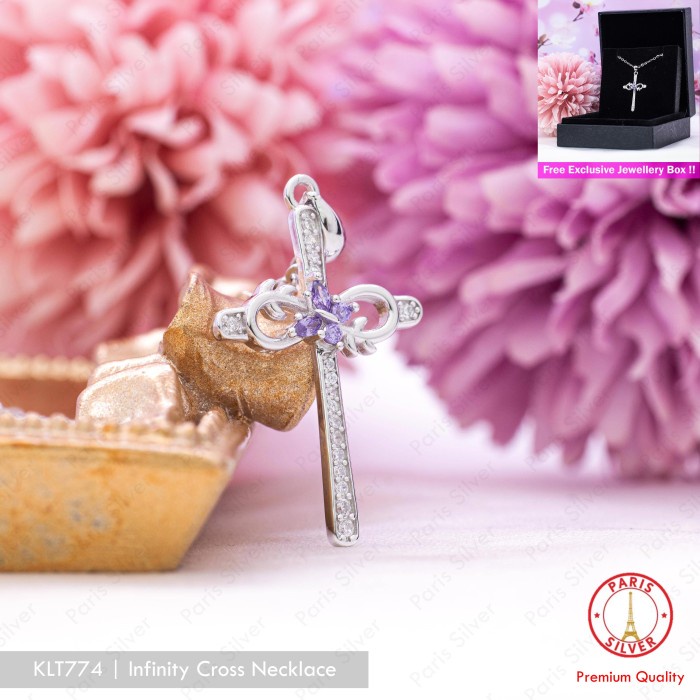 Kalung Salib Perak Asli Silver 925 Bunga Ungu Kecubung Lapis Emas Putih Wanita Elegan Anti Karat