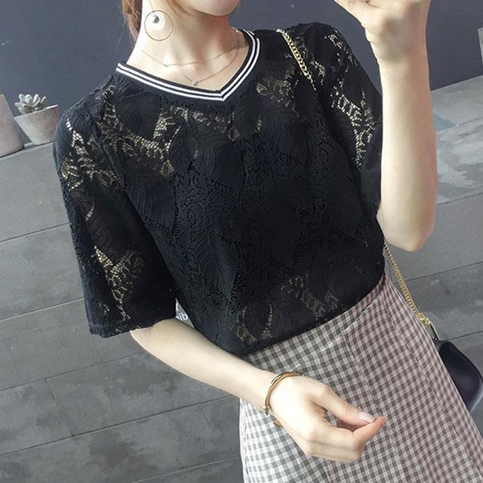 Baju Atasan Wanita Kaos Brokat Leher V Lengan Pendek Import 51281