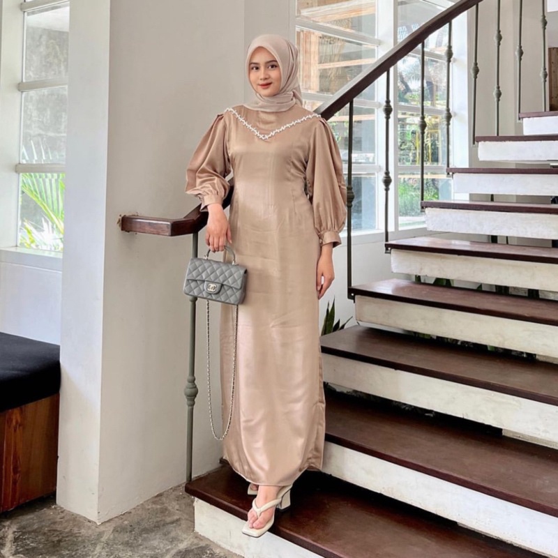 Calendula Dress Gamis Pesta Satin Maxmara Silk Premium Maxi Dress Satin Polos Kombinasi PayetMutiara