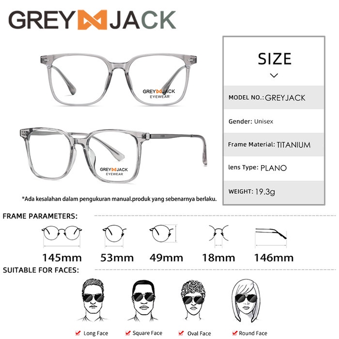 promo ✨ -Grey Jack Frame Kacamata Titanium Bentuk Kotak Ringan Bisa Minus 6204 - GREY, FRAME SAJA