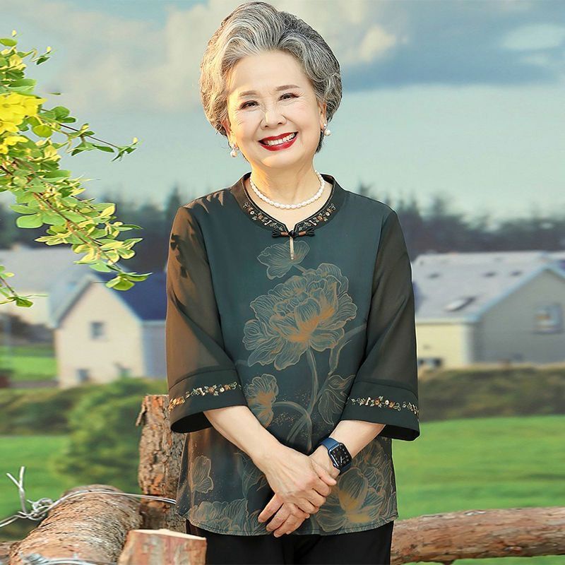 T-shirt Musim Panas Nenek Set Baju Ibu Paruh Baya Pakaian Musim Panas Kemeja Lengan Tujuh Bagian