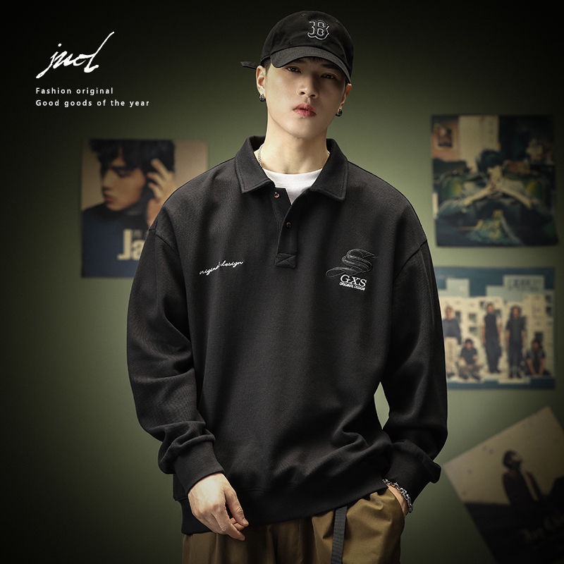 American retro black polo shirt, men's spring and autumn oversized loose long sleeved T-shirt, casua