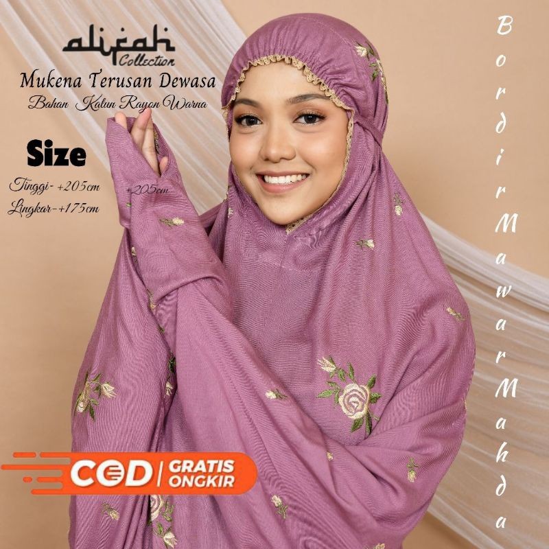 DE43W Mukena Terusan Dewasa Katun Rayon Bordir  Mawar Alifah mukenah terusan telekung mukena dewasa