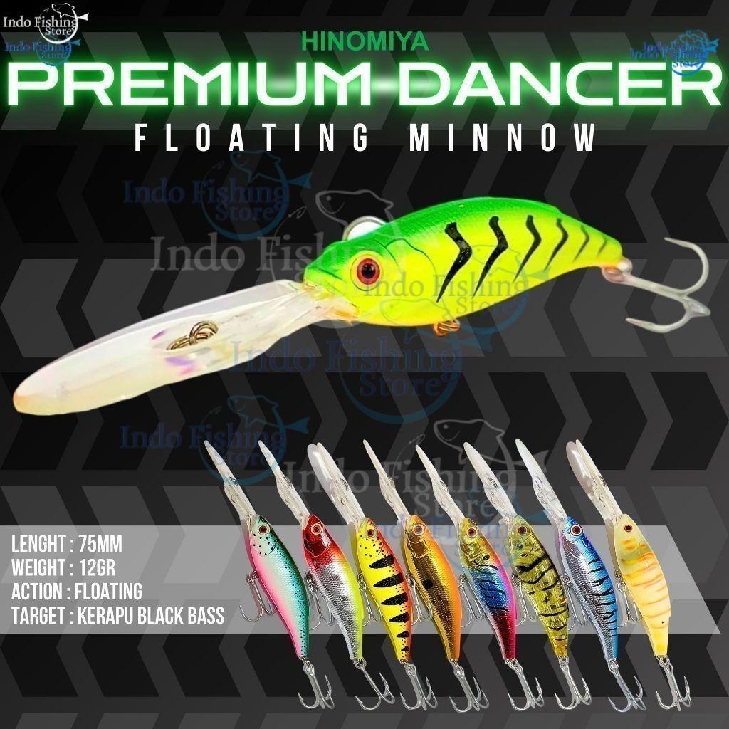 Umpan HINOMIYA Premium Dancer Floating Minnow Lure 7.5cm 12gr Mancing Casting Kerapu Black Bass kuat