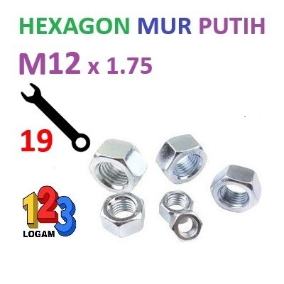 Mur M12 Putih Galvanis Hexagon Besi Kunci Baut 19 Drat 1.75