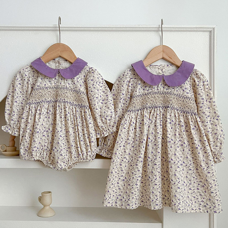 Spring Kids Baby Girls Sweet Family Sisters Printing Dress Purple Infant Rompers Autumn Kids Baby Gi