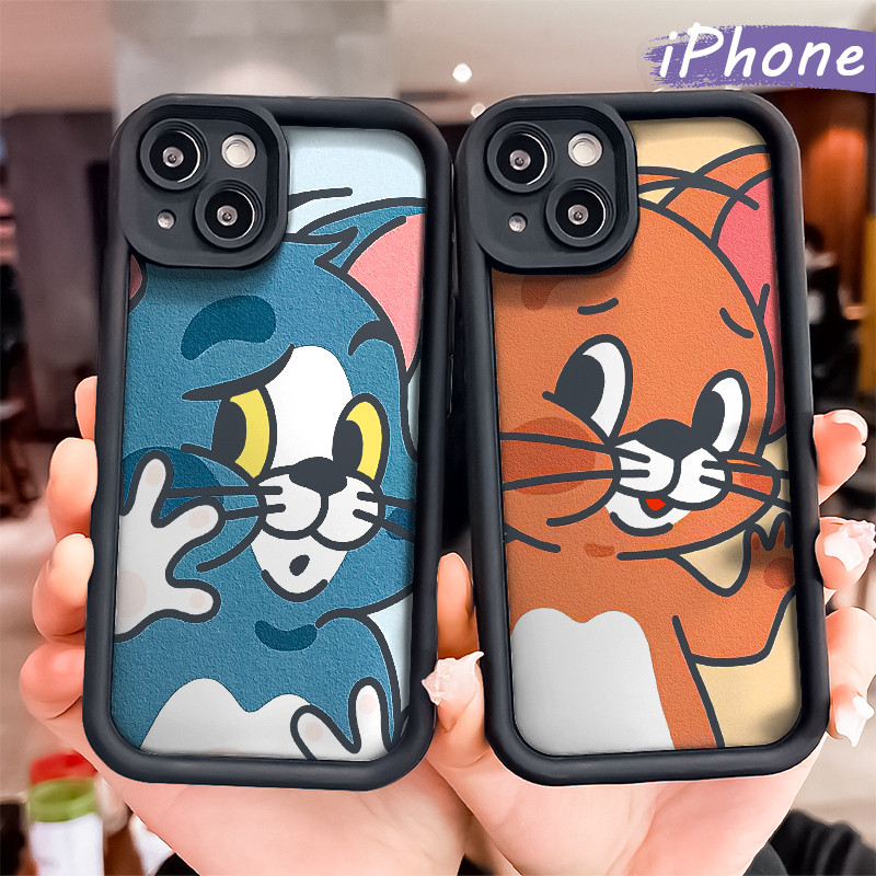 Lucu Tom-Jerry Couple Silicone Case iPhone 13 15 11 12 14 Pro Max XR X Xs Soft Polos Hitam TPU Tebal